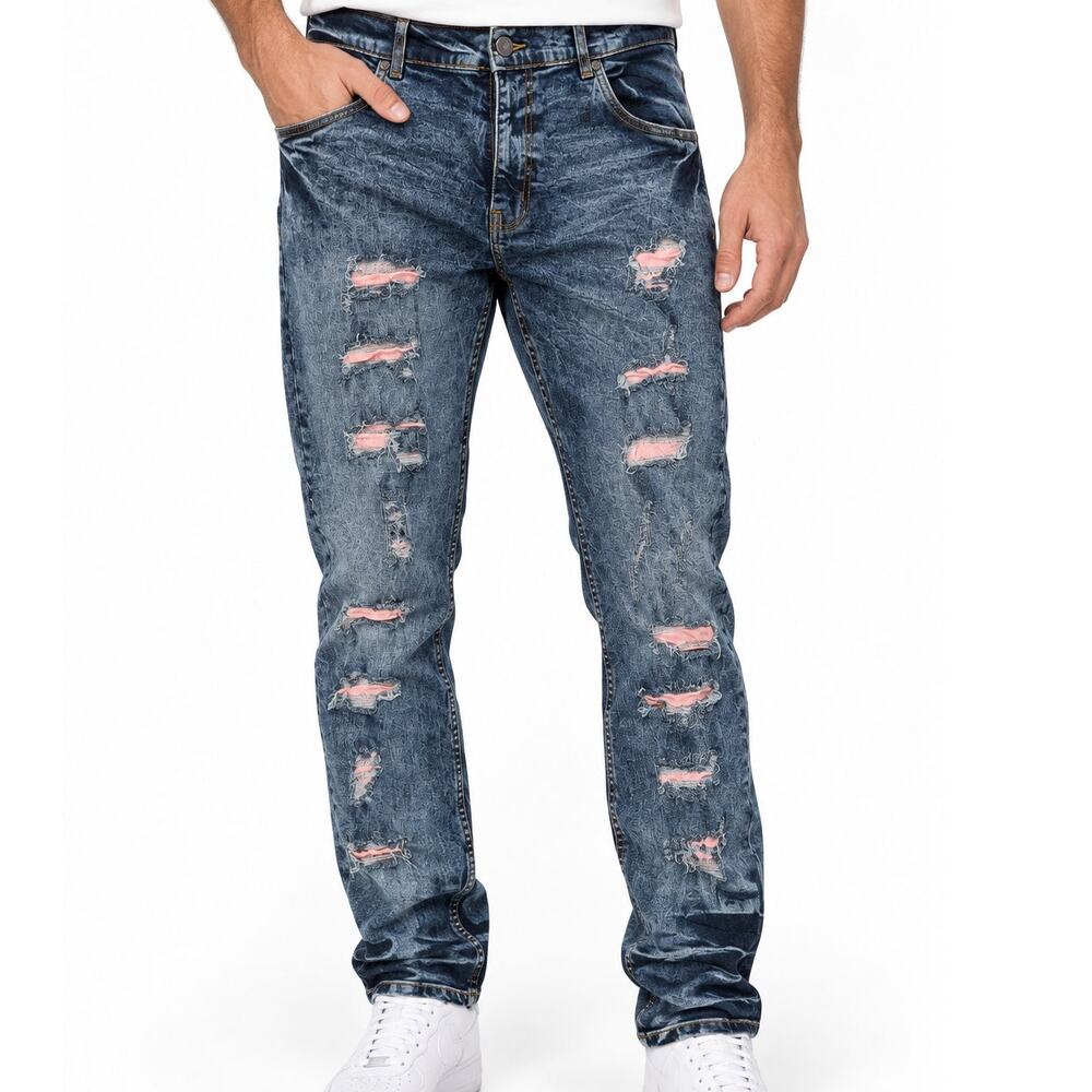 AHP Another Hype Piece NWT Jeans Mens 38x32 Acid Wash Distressed Pink Patch